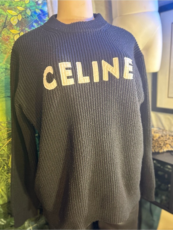 Celine Sweaters - Celine Pre-Loved Black Ribbed Logo Crewneck Sweater -Unisex